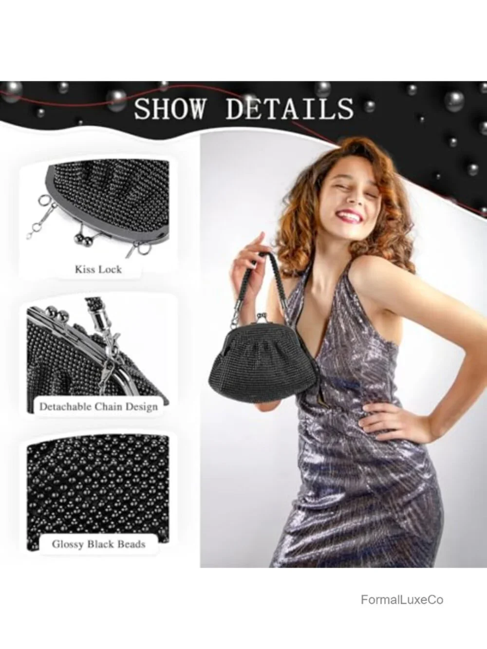 Sparkly Rhinestone Evening Clutch with Kiss Lock and Detachable Chains